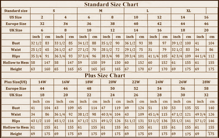 Woman Standard Size Chart And Custom Size Chart For Formal Evening
