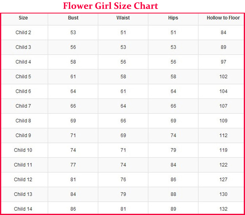 Flower Girl Pageant Girl Standard Size Chart And Custom Size Chart For